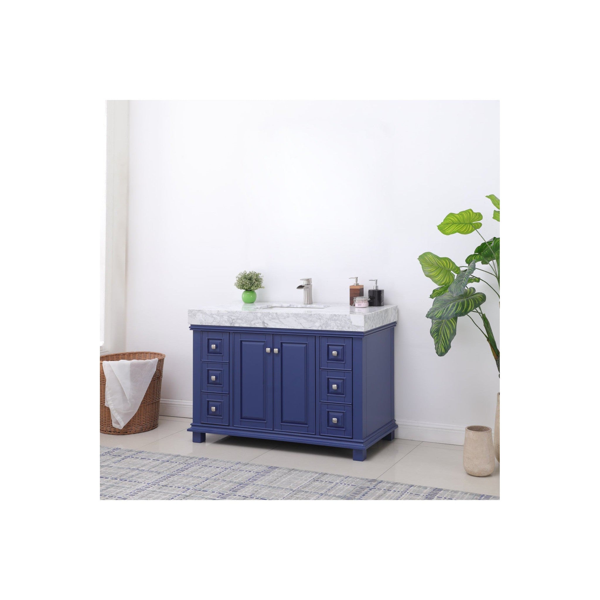 Jardin 48" Single Bathroom Vanity Set in Jewelry Blue and Carrara White Marble Countertop without Mirror