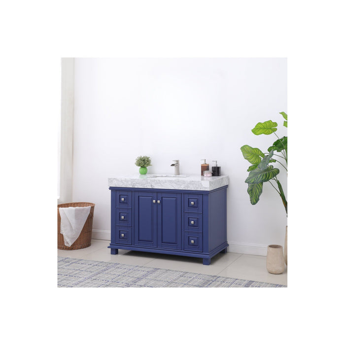 Jardin 48" Single Bathroom Vanity Set in Jewelry Blue and Carrara White Marble Countertop without Mirror