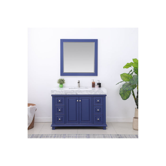 Jardin 48" Single Bathroom Vanity Set in Jewelry Blue and Carrara White Marble Countertop with Mirror