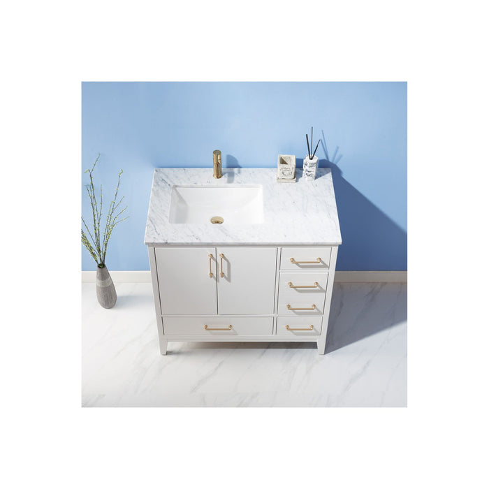 Sutton 36" Single Bathroom Vanity Set in White and Carrara White Marble Countertop without Mirror