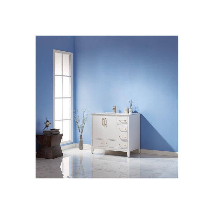 Sutton 36" Single Bathroom Vanity Set in White and Carrara White Marble Countertop without Mirror