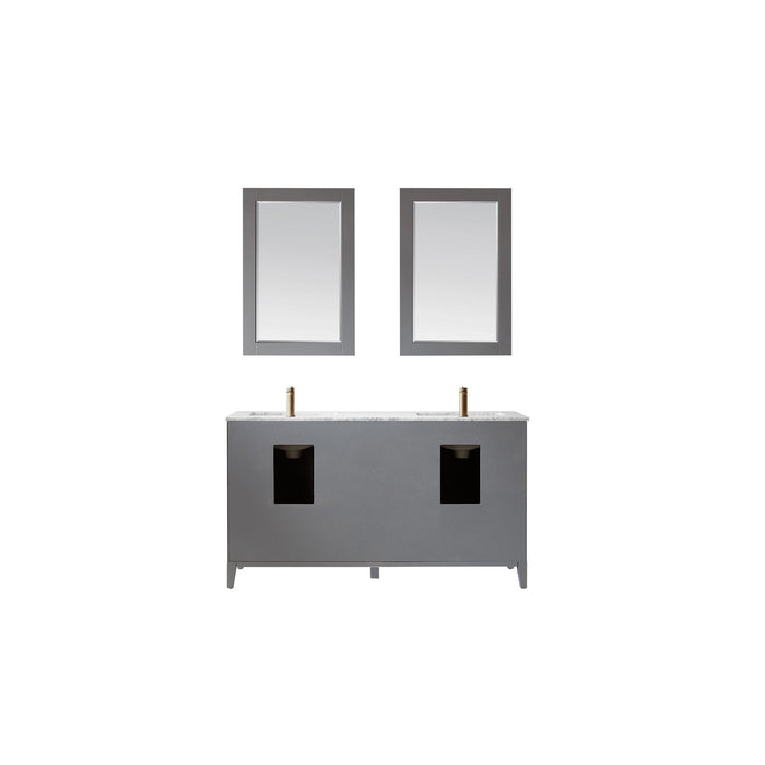 Sutton 60" Double Bathroom Vanity Set in Gray and Carrara White Marble Countertop with Mirror