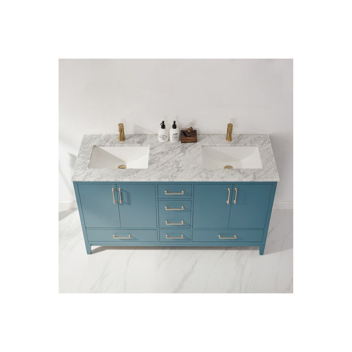 Sutton 60" Double Bathroom Vanity Set in Royal Green and Carrara White Marble Countertop without Mirror