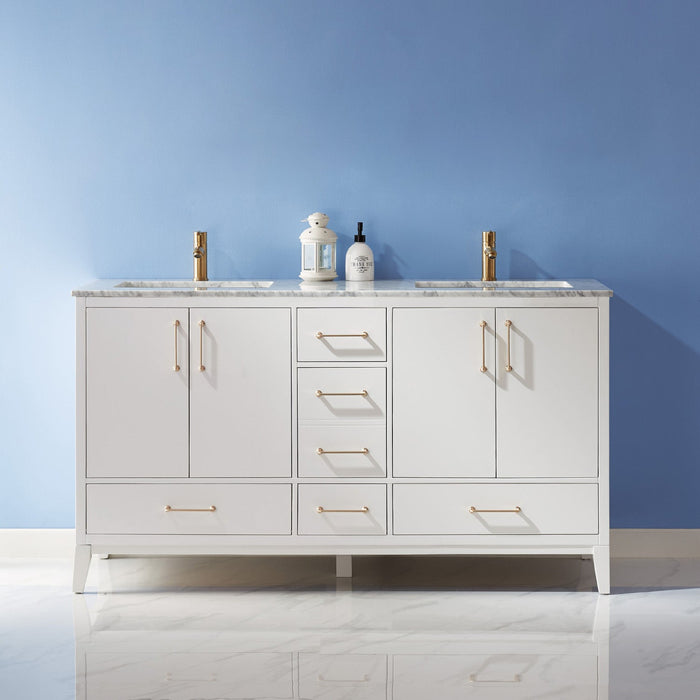 Sutton 60" Double Bathroom Vanity Set in White and Carrara White Marble Countertop without Mirror