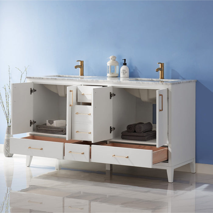 Sutton 60" Double Bathroom Vanity Set in White and Carrara White Marble Countertop without Mirror