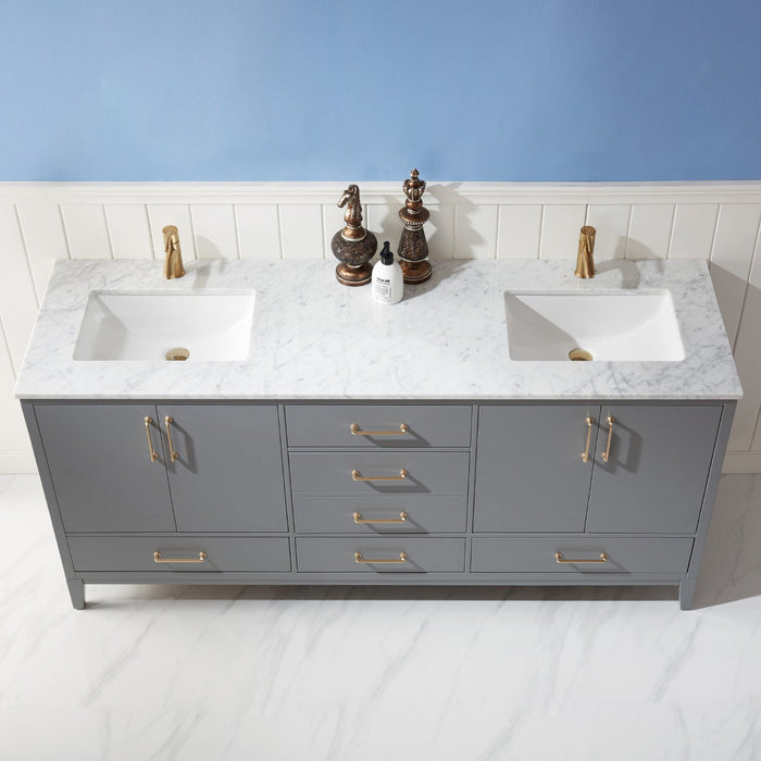 Sutton 72" Double Bathroom Vanity Set in Gray and Carrara White Marble Countertop without Mirror