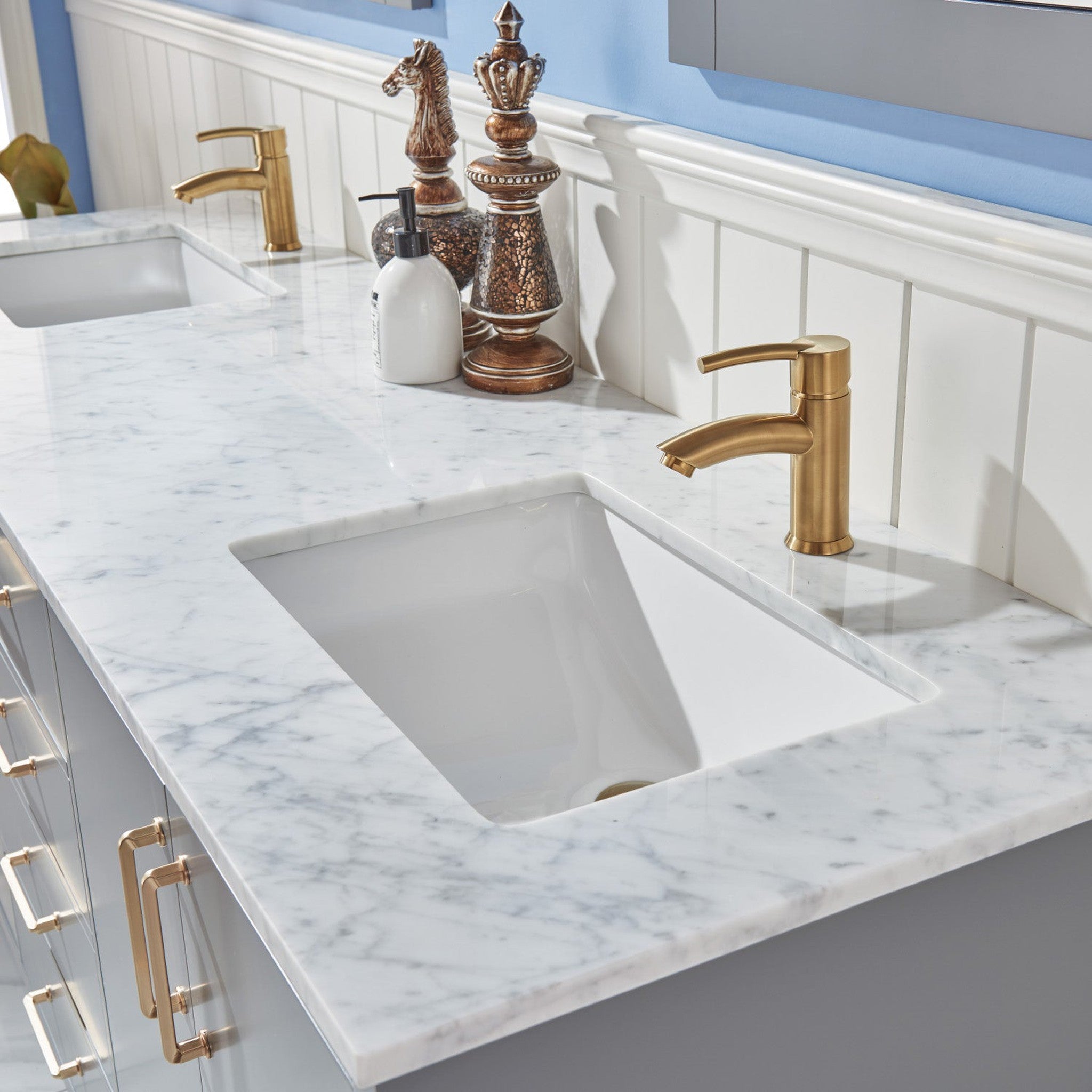 Sutton 72" Double Bathroom Vanity Set in Gray and Carrara White Marble Countertop with Mirror