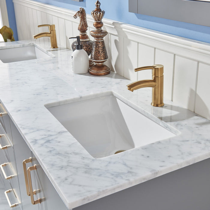 Sutton 72" Double Bathroom Vanity Set in Gray and Carrara White Marble Countertop with Mirror