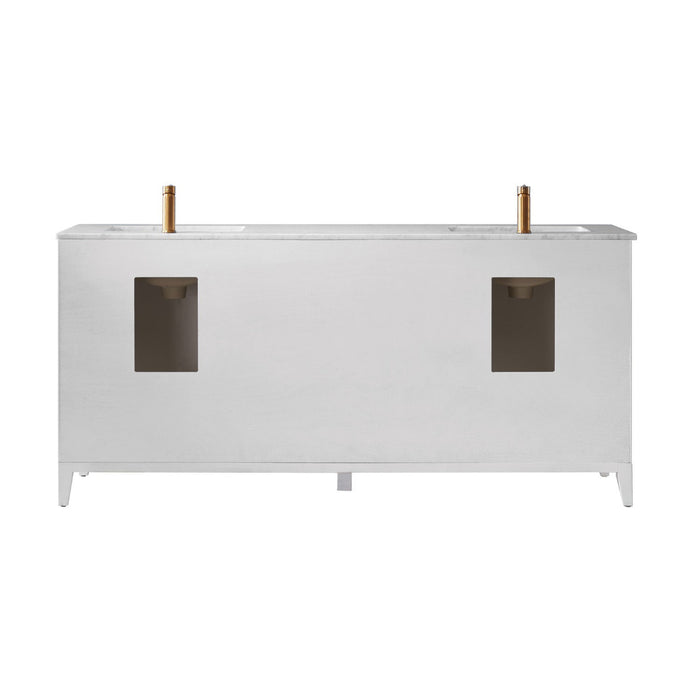 Sutton 72" Double Bathroom Vanity Set in White and Carrara White Marble Countertop without Mirror