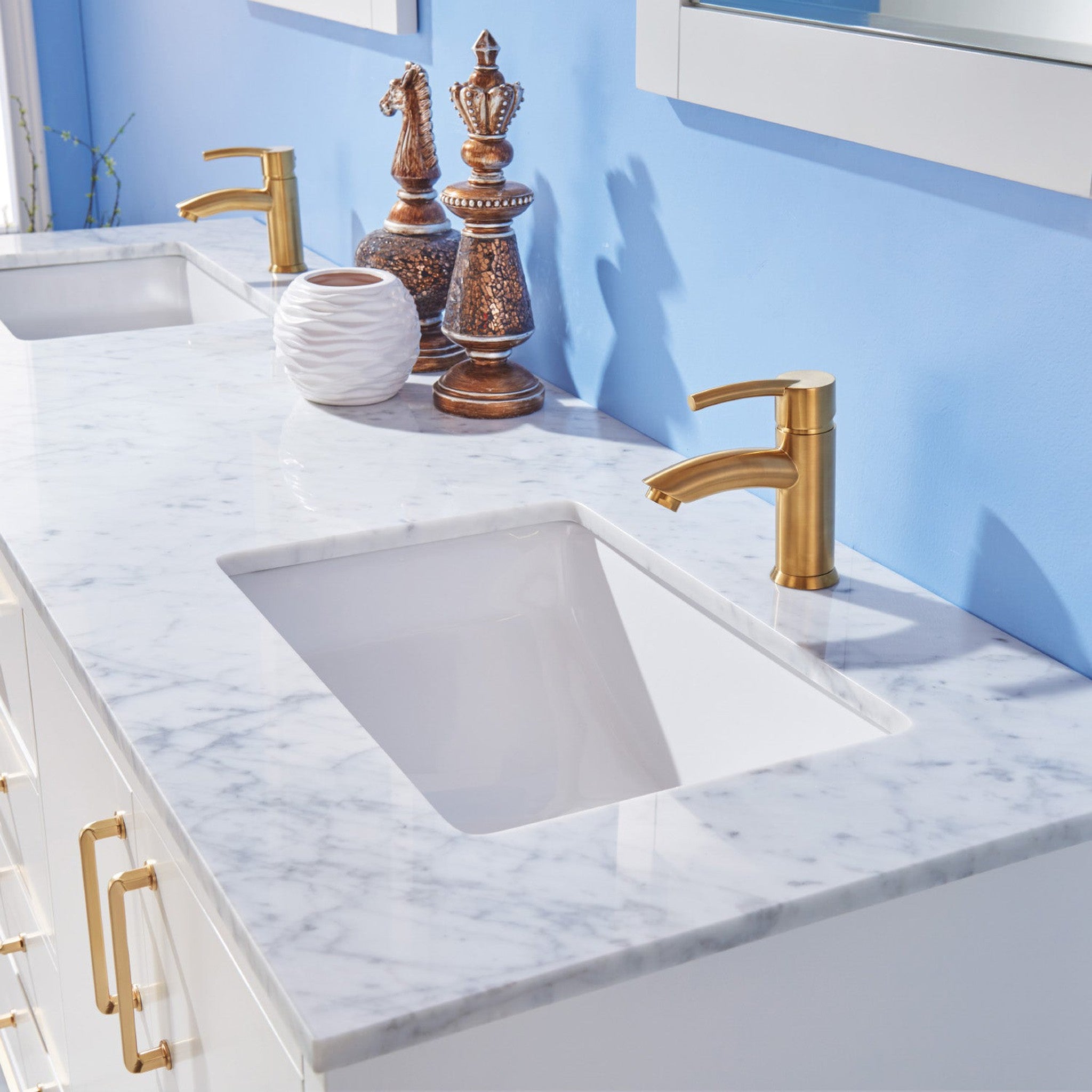 Sutton 72" Double Bathroom Vanity Set in White and Carrara White Marble Countertop without Mirror