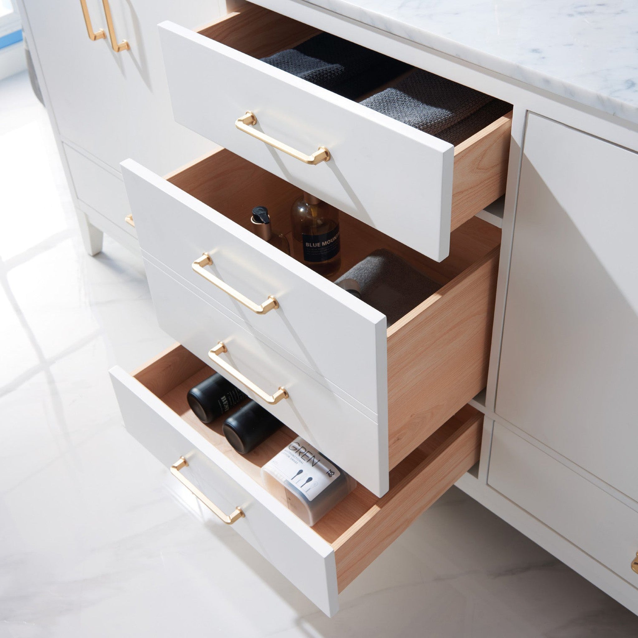 Sutton 72" Double Bathroom Vanity Set in White and Carrara White Marble Countertop without Mirror