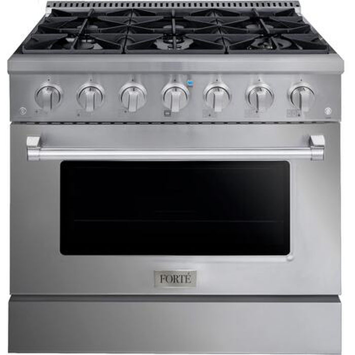 Forte 4 Piece Kitchen Appliances Package with F14ARESWW 28" Refrigerator, F14UFESWW 28" Freezer, FGR366BSS 36" Gas Range and F3015MVC5SS 30" Over the Range Convection Microwave in Stainless Steel
