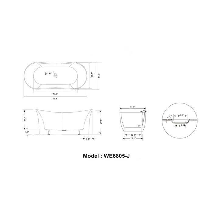 Legion Furniture 67" White Acrylic Tub - No Faucet