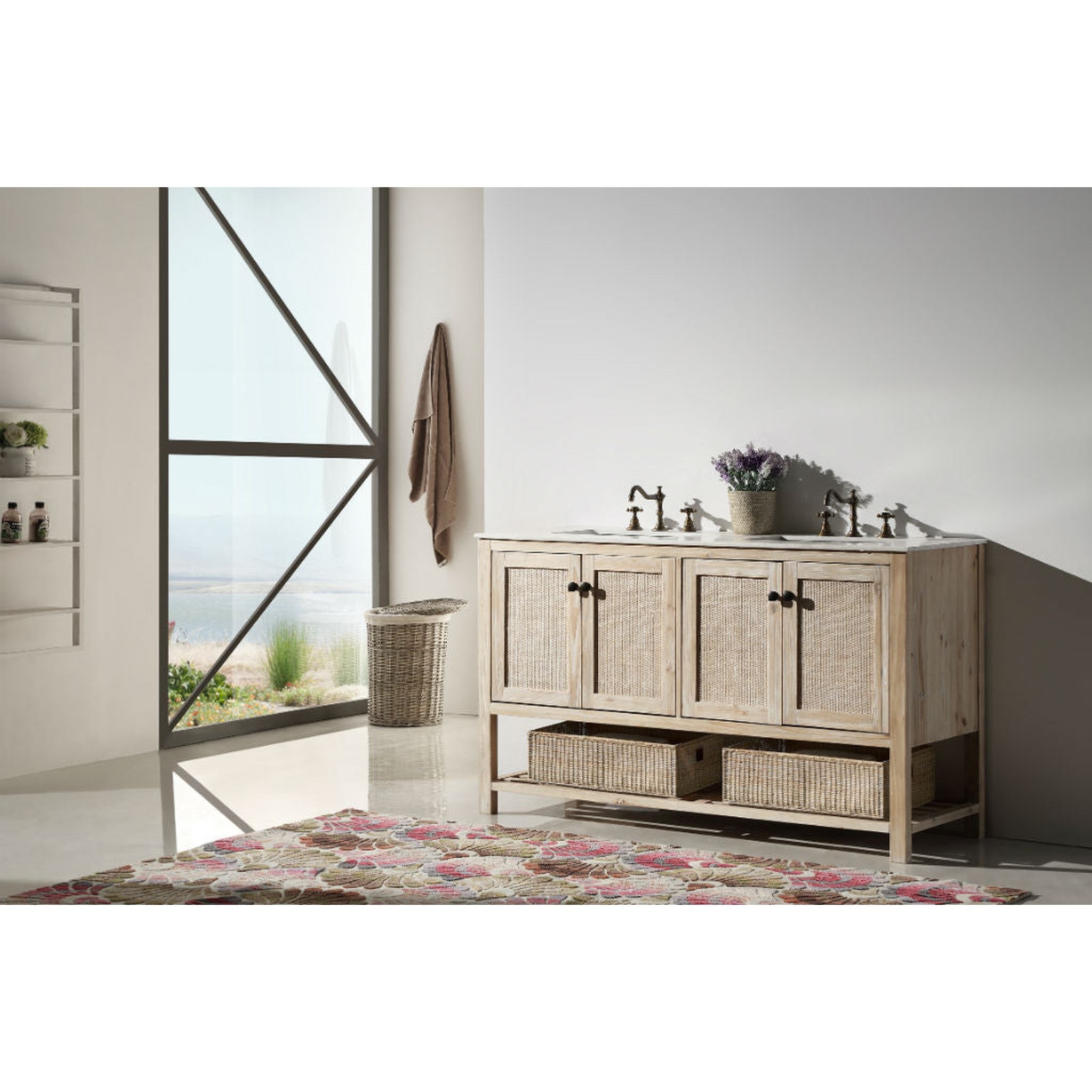 Legion Furniture 60" Bohemian Style Solid Wood Sink Vanity With Marble Top