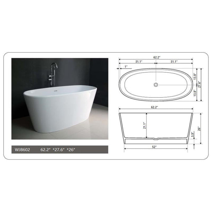 Legion Furniture 62.2" White Matt Solid Surface Tub