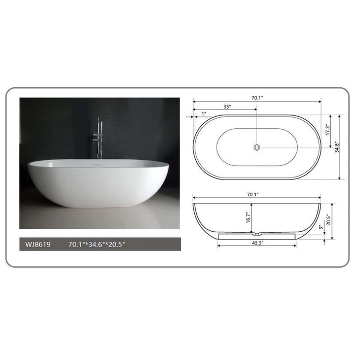 Legion Furniture 70.1" White Matt Solid Surface Tub - No Faucet