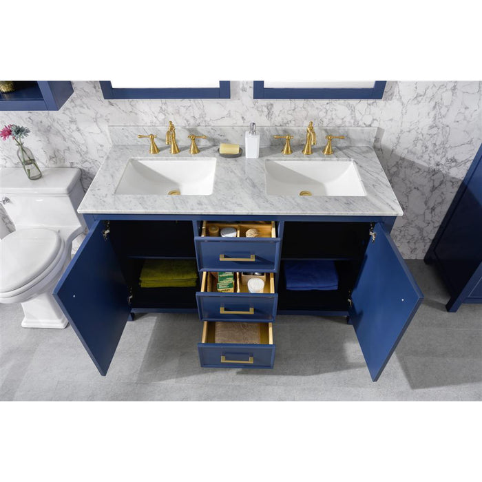 Legion Furniture 54" Blue Finish Double Sink Vanity Cabinet With Carrara White Top