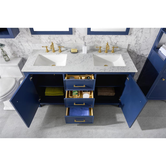 Legion Furniture 60" Blue Finish Double Sink Vanity Cabinet With Carrara White Top
