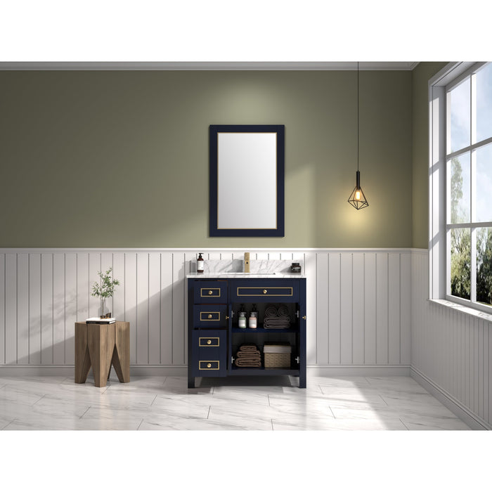Legion Furniture 36" Blue Finish Sink Vanity Cabinet With Carrara White Top