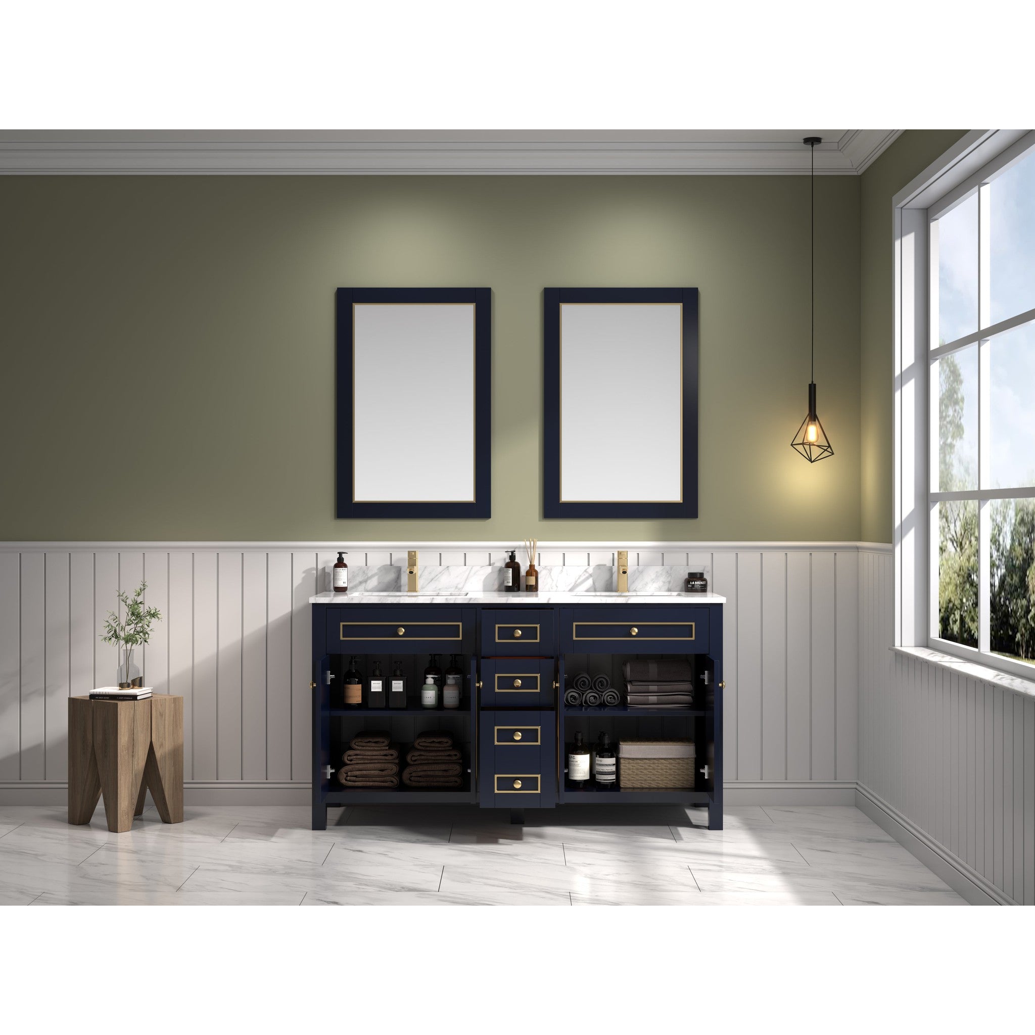 Legion Furniture 60" Blue Finish Sink Vanity Cabinet With Carrara White Top