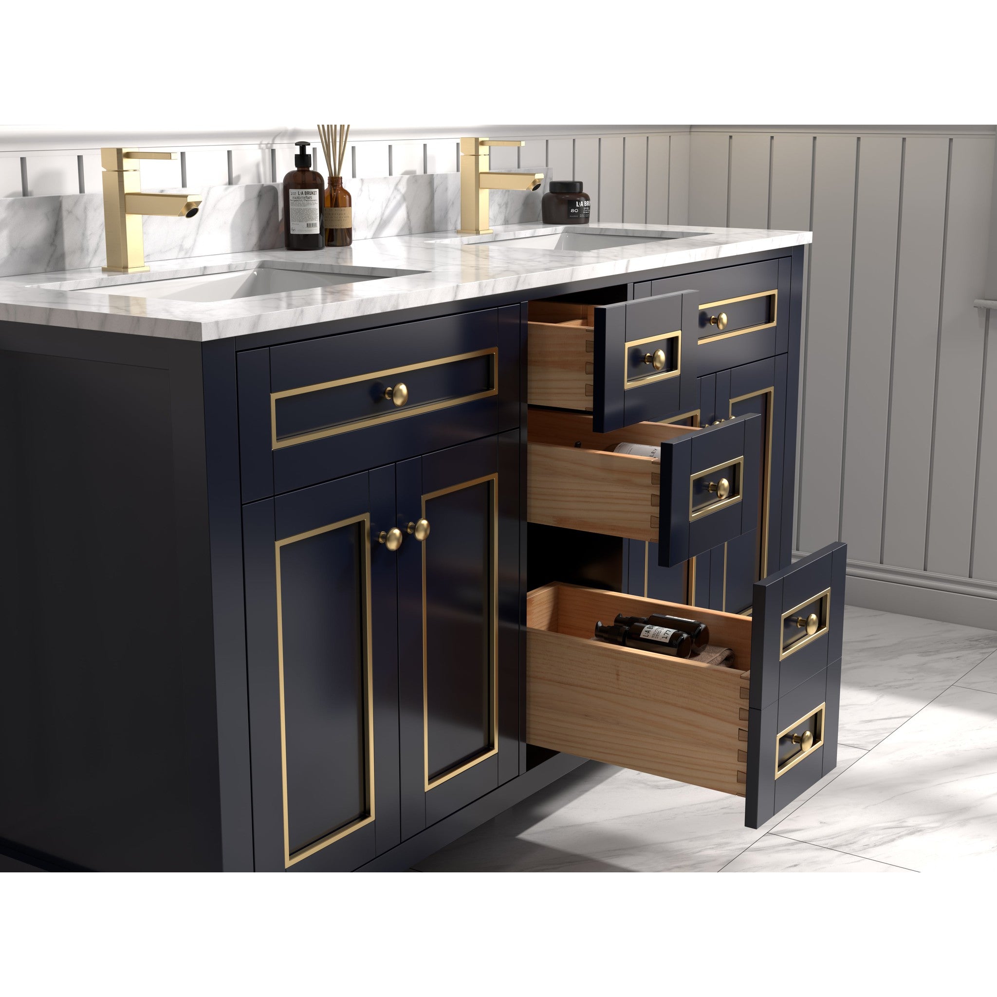 Legion Furniture 60" Blue Finish Sink Vanity Cabinet With Carrara White Top