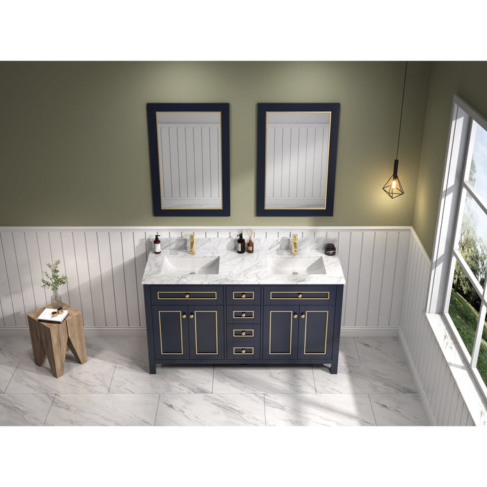 Legion Furniture 60" Blue Finish Sink Vanity Cabinet With Carrara White Top