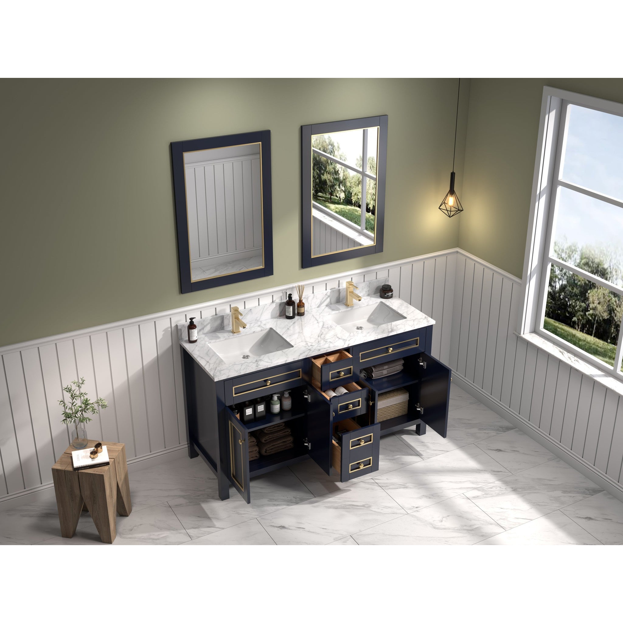 Legion Furniture 60" Blue Finish Sink Vanity Cabinet With Carrara White Top