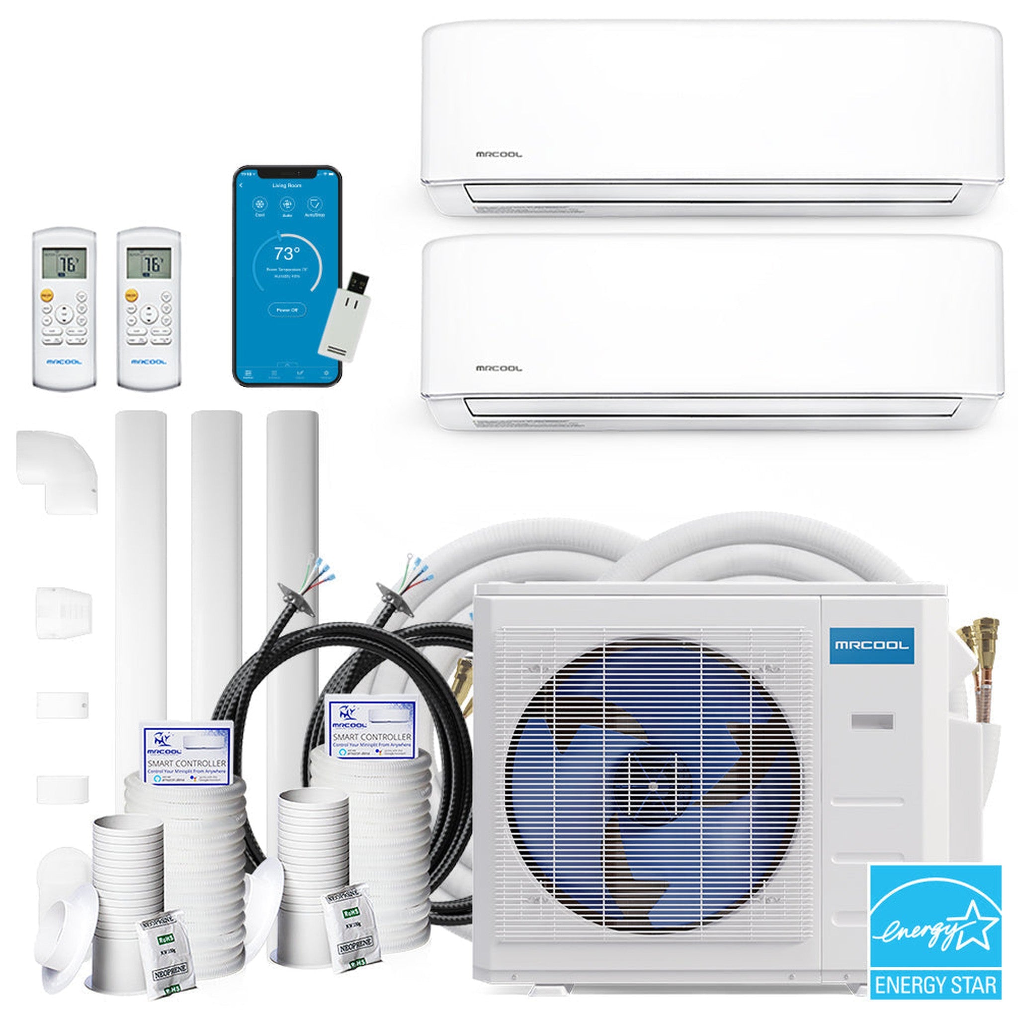 MRCOOL DIY 4th Gen 36K BTU 2-Zone Condenser with 12K+24K handlers, 2 x 16ft and 1 x 50ft, and DIYCOUPLER-1412K75C linesets Bundle