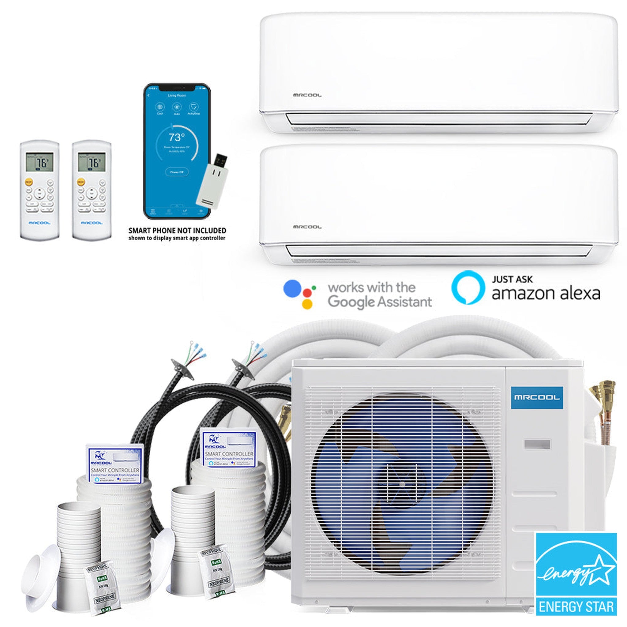 MRCOOL DIY 4th Gen 36K BTU 2-Zone Condenser with 12K+24K handlers, 2 x 16ft and 1 x 50ft, and DIYCOUPLER-1412K75C linesets Bundle