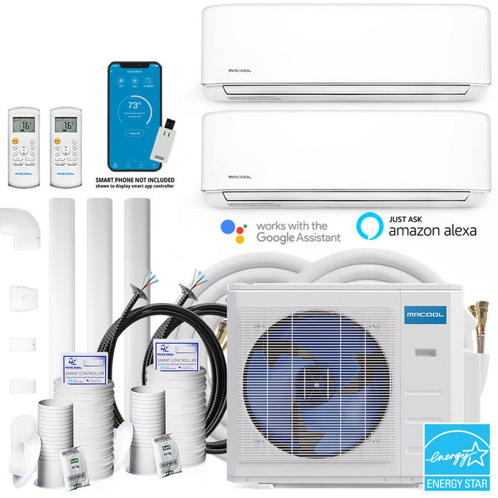 MRCOOL DIY 4th Gen 27K BTU 2-Zone Condenser with 12K+12K handlers, and 1 x 25ft and 1 x 50ft linesets Bundle