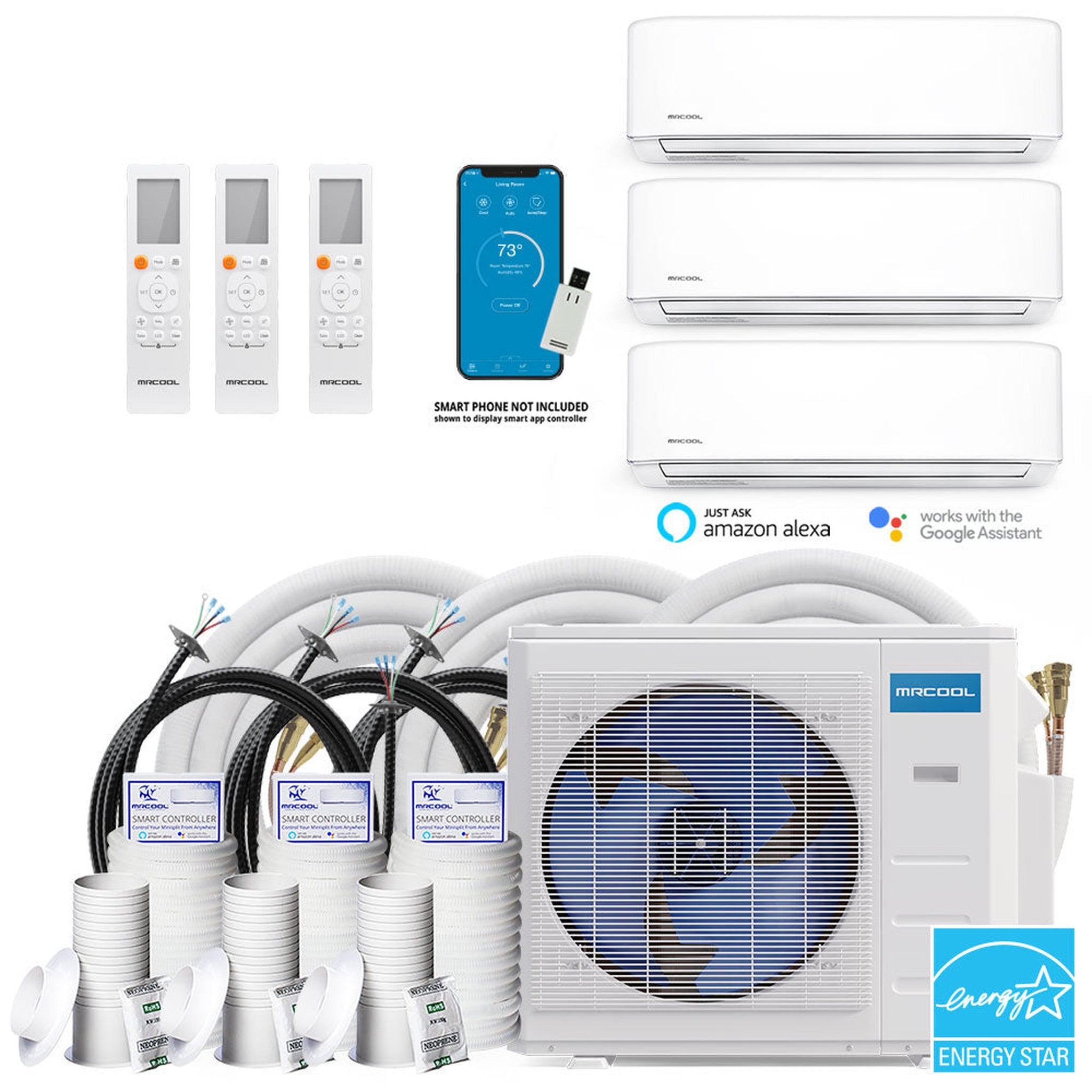 MRCOOL DIY 4th Gen 27K BTU 3-Zone Condenser with 9K+9K+9K handlers, and 2 x 35ft, 1 x 50ft linesets Bundle