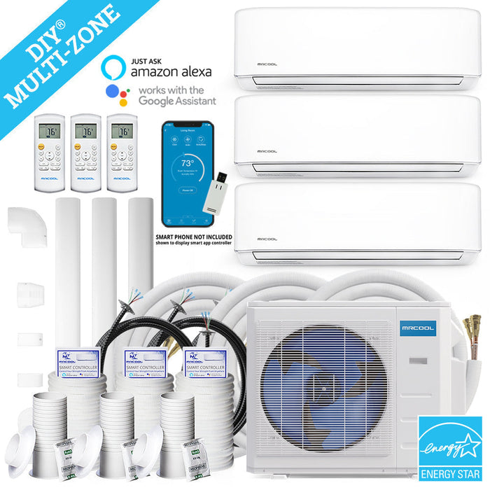 MRCOOL DIY 4th Gen 36K BTU 3-Zone Condenser with 9K+12K+18K handlers and 3 x 25ft linesets Bundle