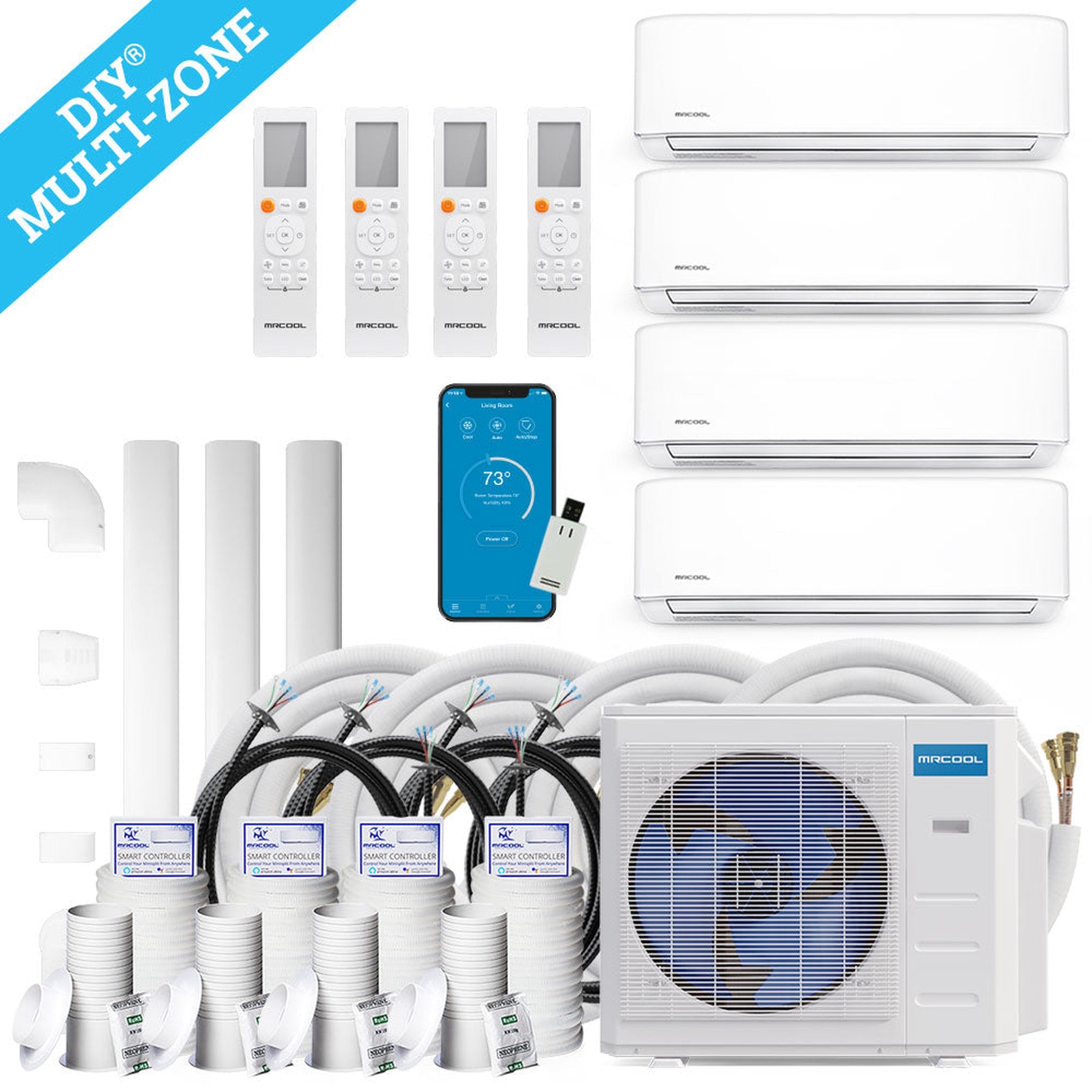 MRCOOL DIY 4th Gen 48K BTU 4-Zone Condenser with 9K+9K+9K+18K handlers and 4 x 25ft linesets Bundle